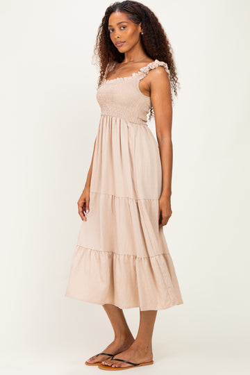 Natural Smocked Tiered Ruffle Detail Dress