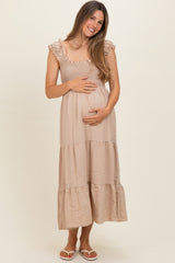 Natural Smocked Tiered Ruffle Detail Maternity Dress