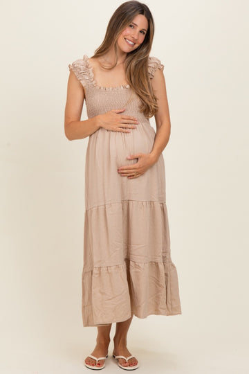 Natural Smocked Tiered Ruffle Detail Maternity Dress