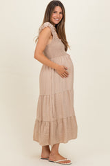 Natural Smocked Tiered Ruffle Detail Maternity Dress