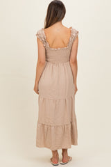 Natural Smocked Tiered Ruffle Detail Maternity Dress