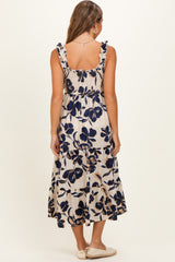 Navy Floral Smocked Tiered Maternity Midi Dress