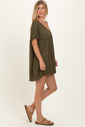 Olive V-Neck Basic Dress