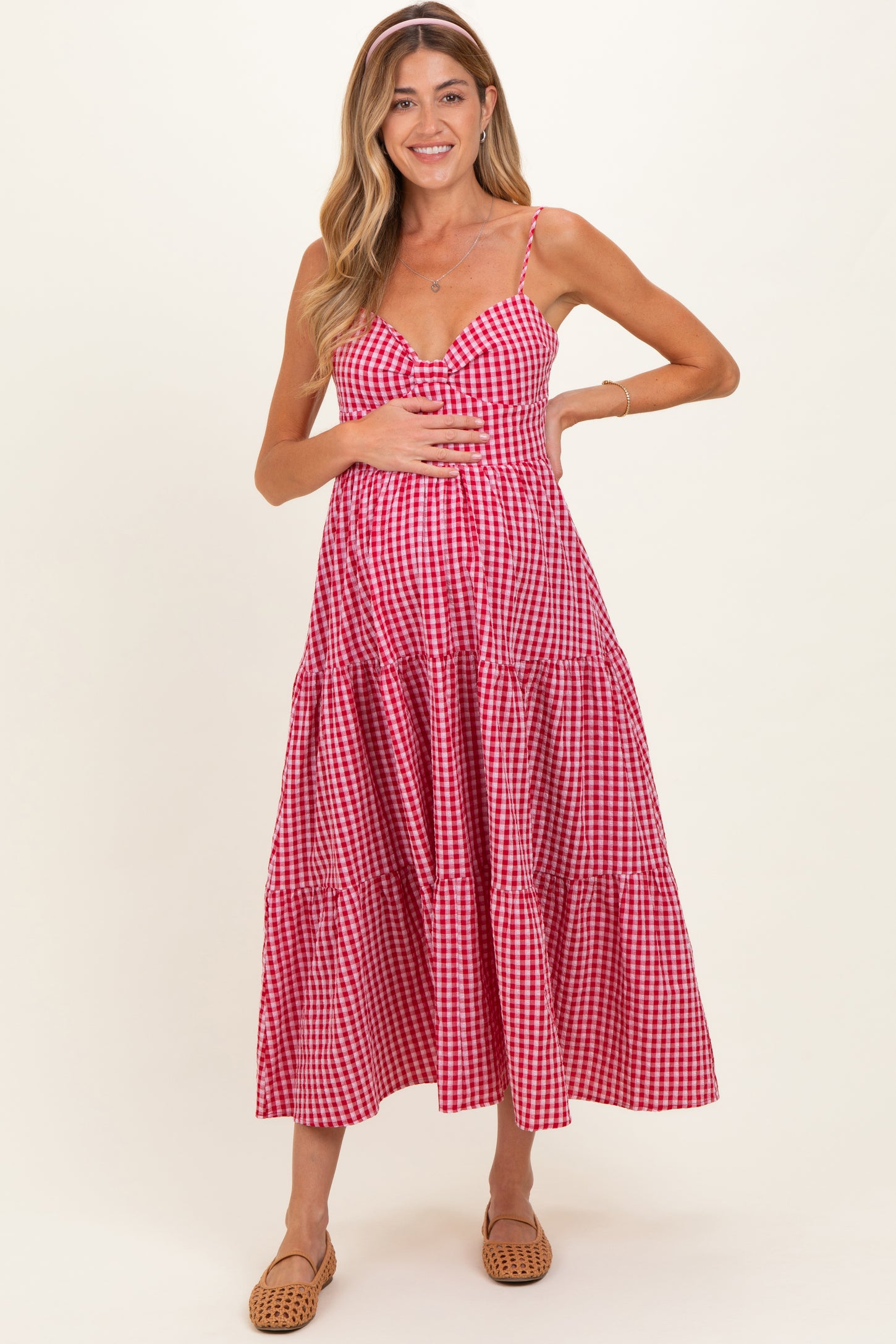 Red Gingham Cutout Tie Back Tiered Maternity Maxi Dress – PinkBlush
