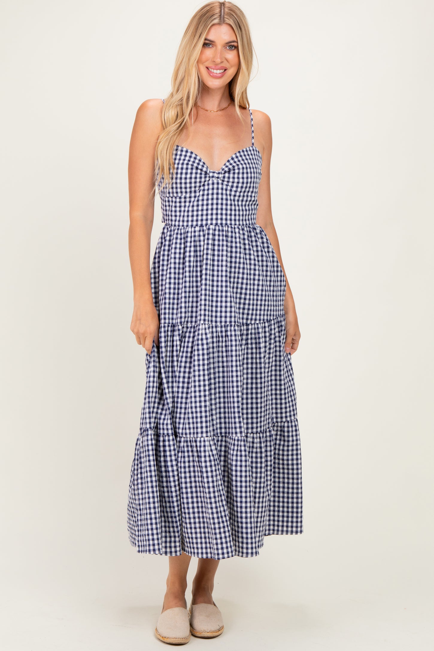 gingham tiered maxi dress Navy Cutout Tie Back Brand_Ashley Lauren Kids Princess Diana's Ball Gowns stretchy fabric Front length Colour:navy