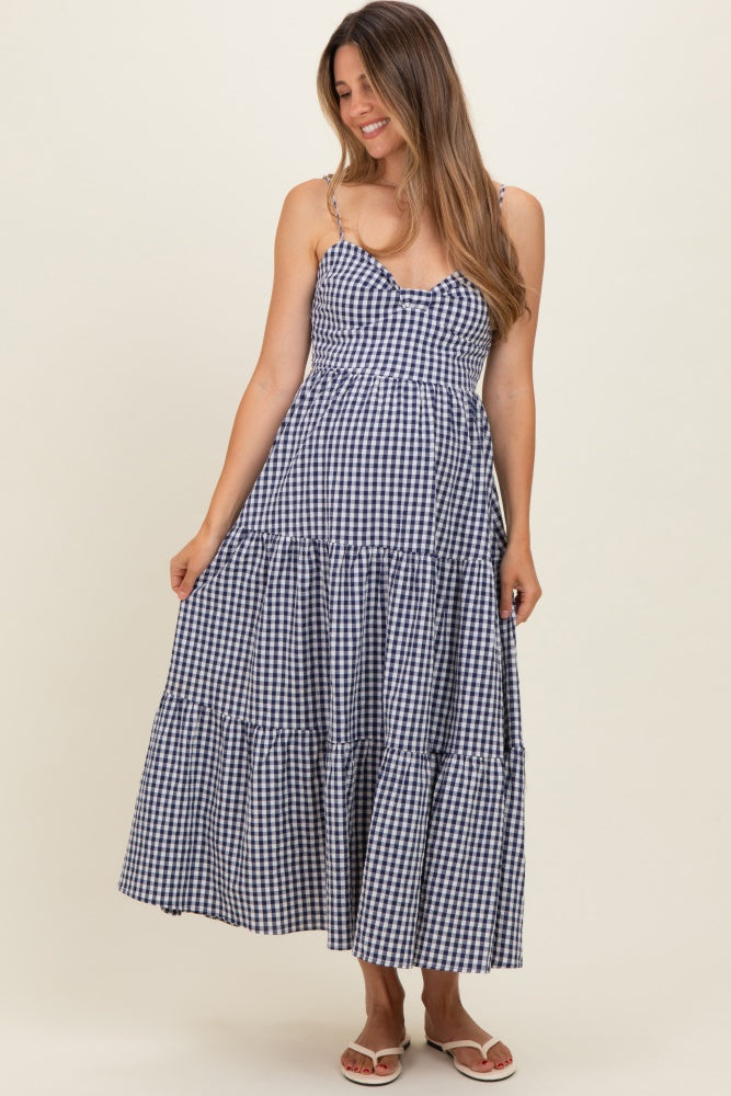 Navy Gingham Cutout Tie Back Tiered Maternity Maxi Dress