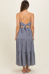 Navy Gingham Cutout Tie Back Tiered Maternity Maxi Dress