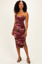 Burgundy Floral Ruched Crisscross Back Midi Dress