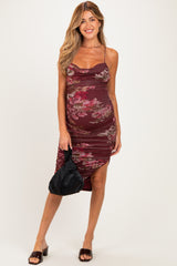 Burgundy Floral Ruched Crisscross Back Maternity Midi Dress