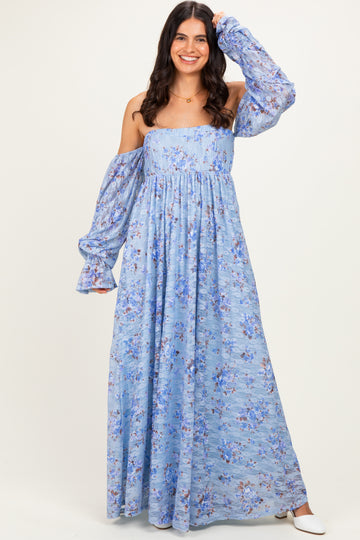 Blue Off Shoulder Long Sleeve Maxi Dress