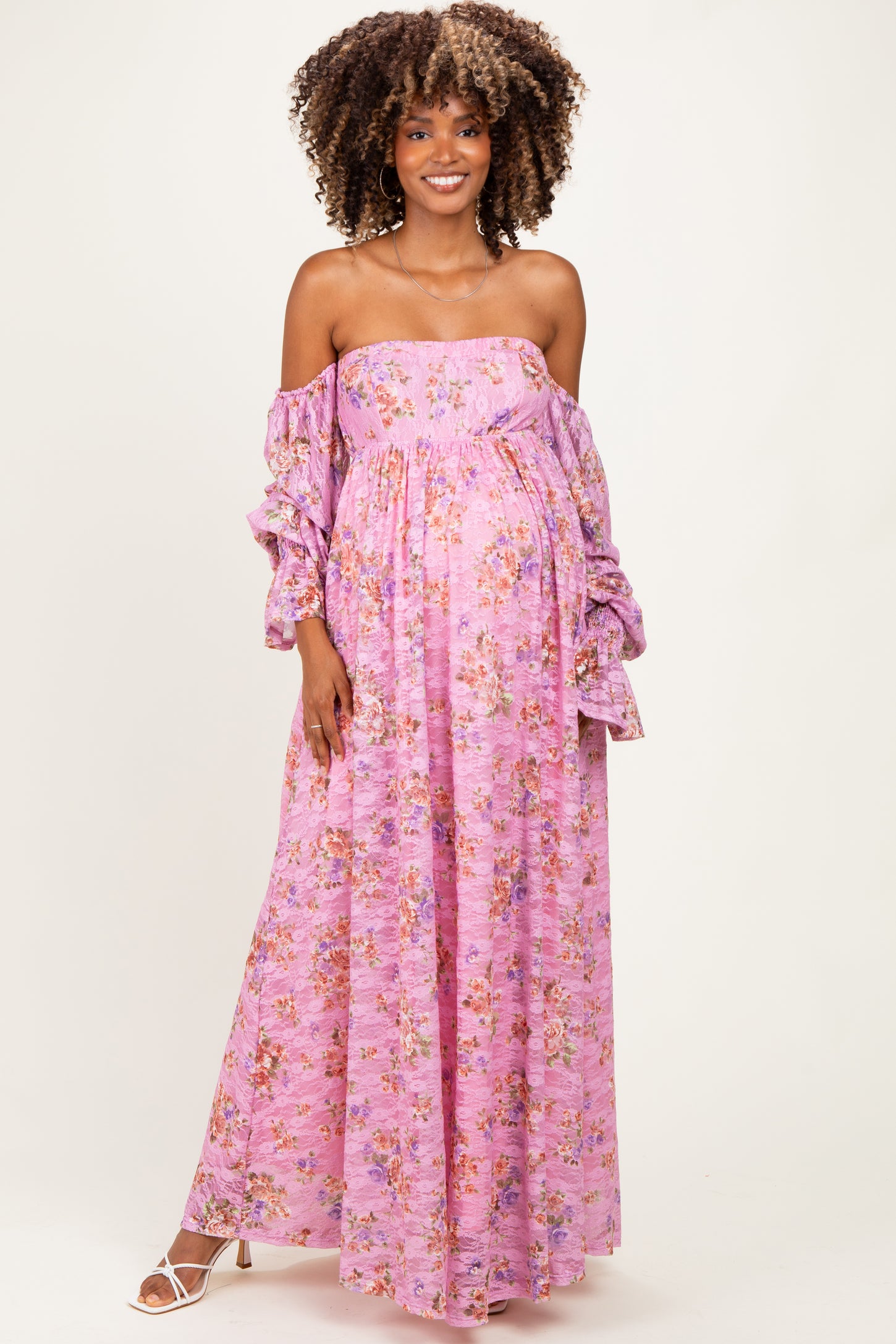 Pink Off Shoulder Long Sleeve Maternity Maxi Dress – PinkBlush