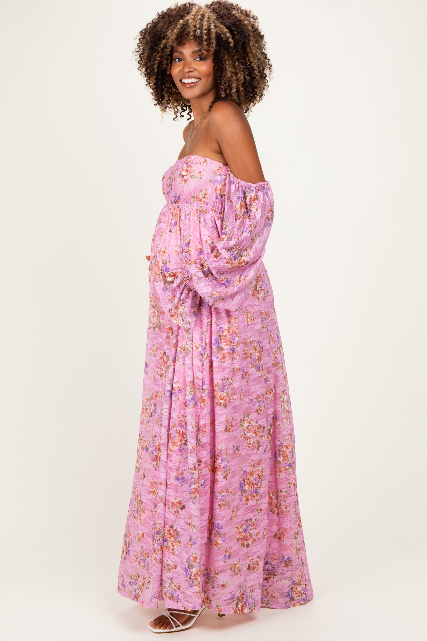 Pink Off Shoulder Long Sleeve Maternity Maxi Dress