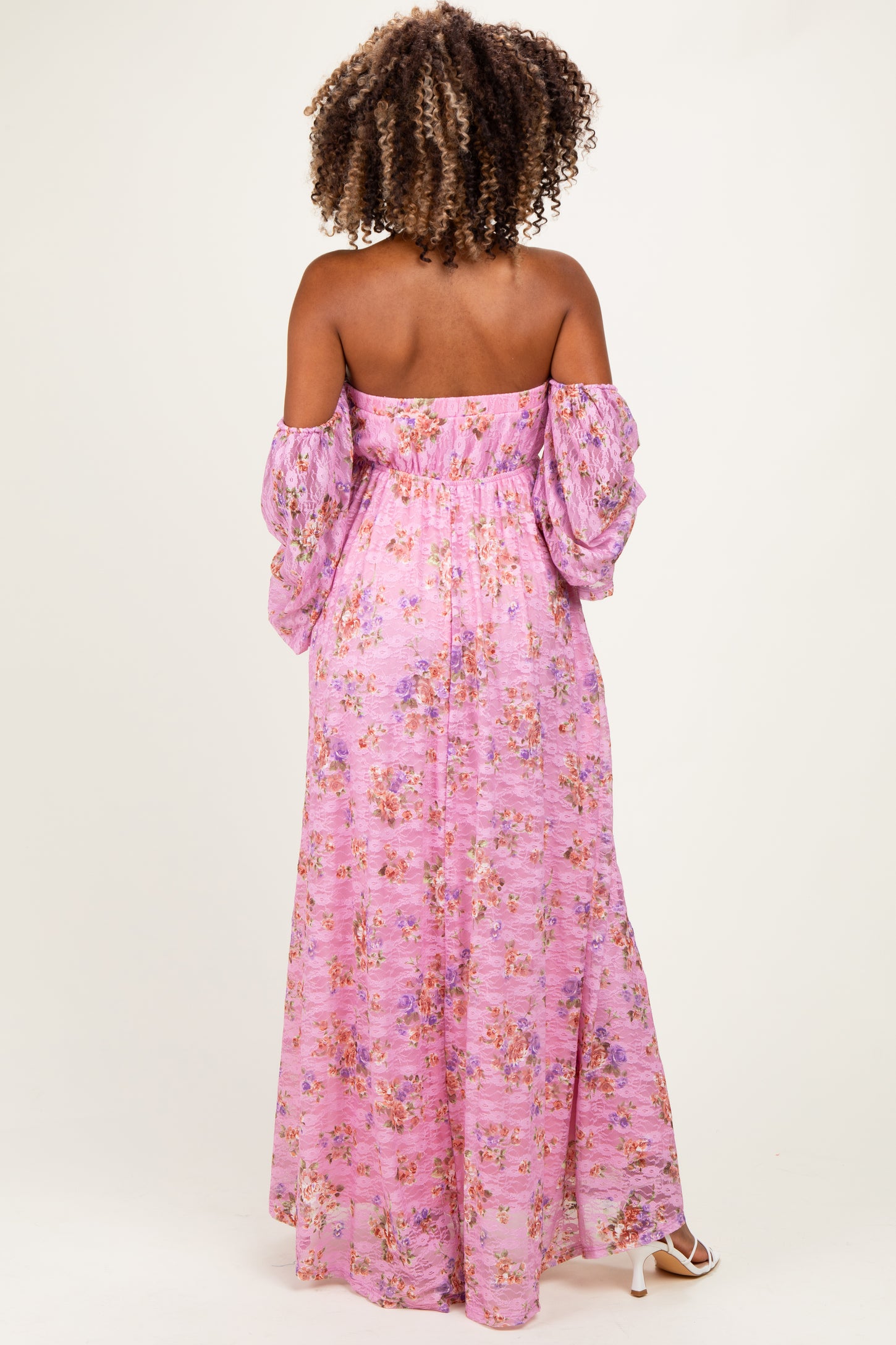 Pink Off Shoulder Long Sleeve Maternity Maxi Dress