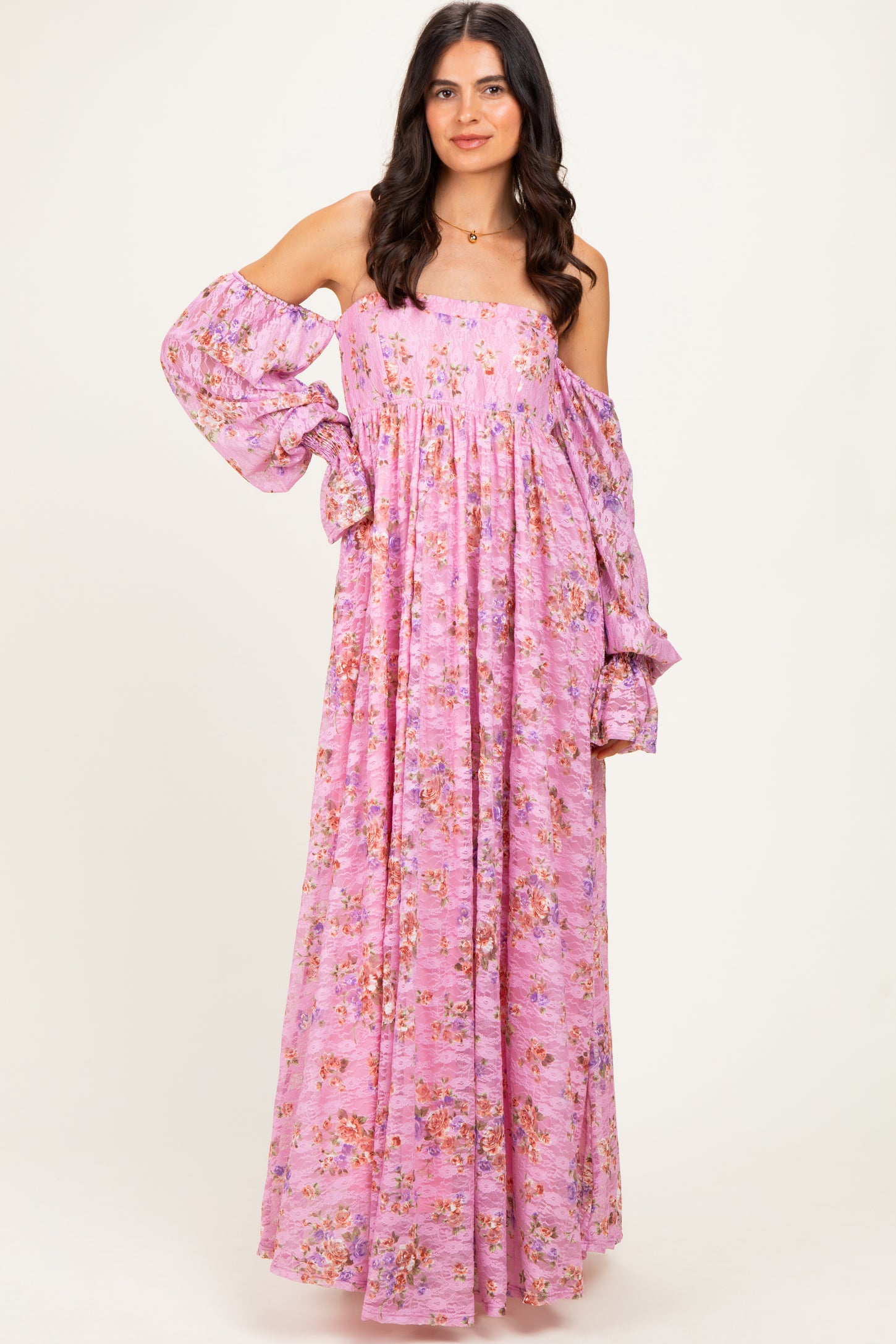 Pink Off Shoulder Long Sleeve Maternity Maxi Dress