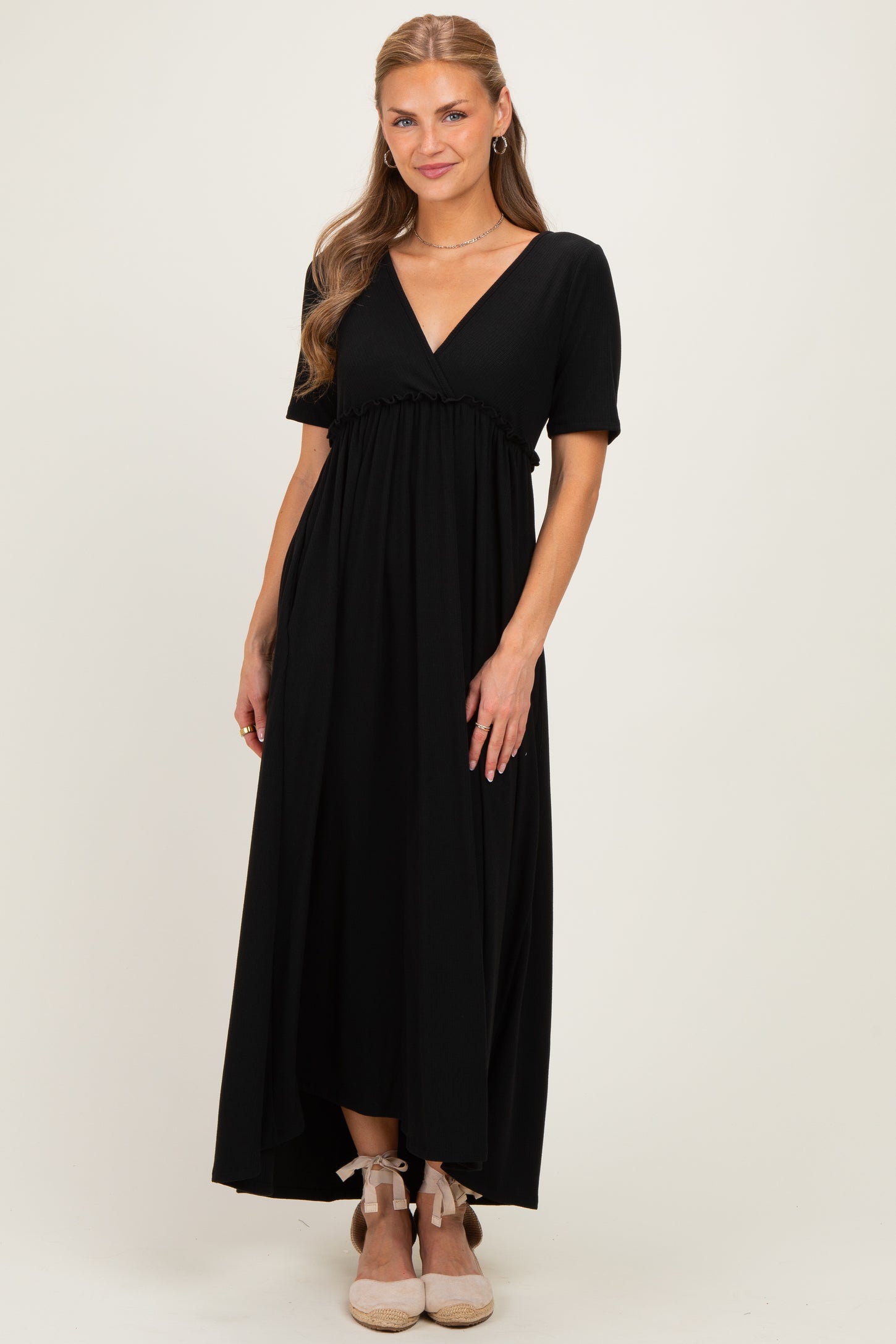 Black Short Sleeve V-Neck Maternity Maxi Dress – PinkBlush