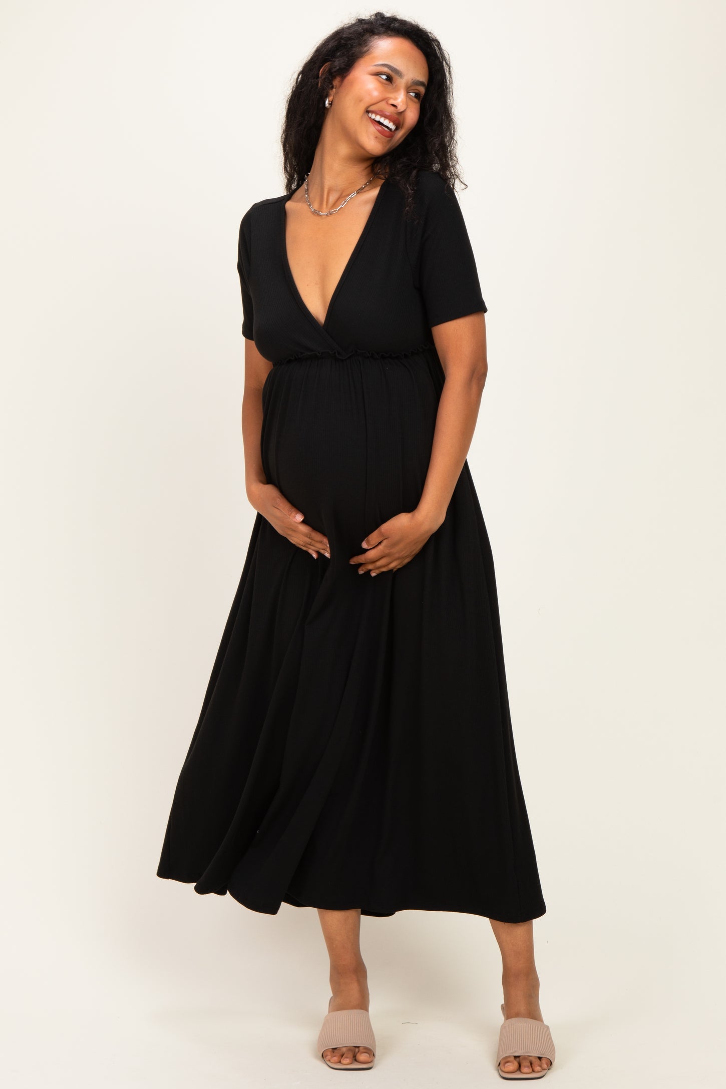 Black Short Sleeve V-Neck Maternity Maxi Dress