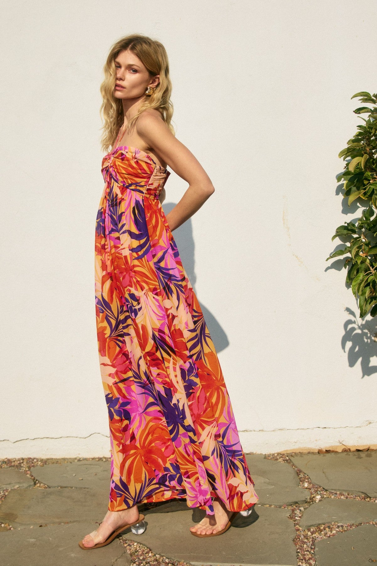Sunset Tropical Print Halter Maxi Dress