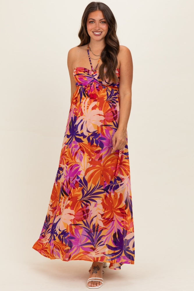 pink dress with pearls Sunset Tropical Print Halter Maternity Maxi Dress – PinkBlush