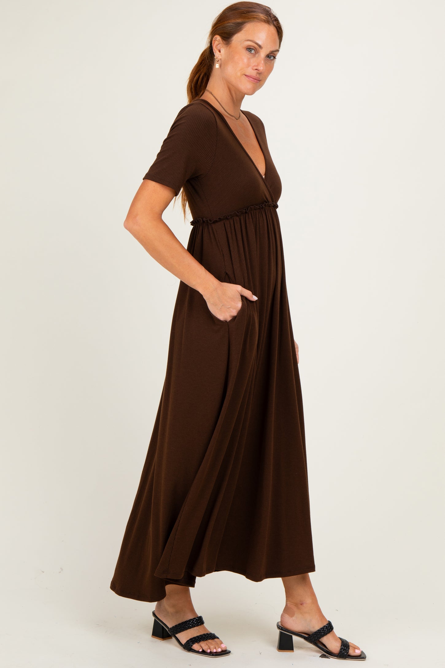 brown maxi dress short sleeve ASOS Design Slinky Cap Sleeve Maxi Dress with seam detail in Brown