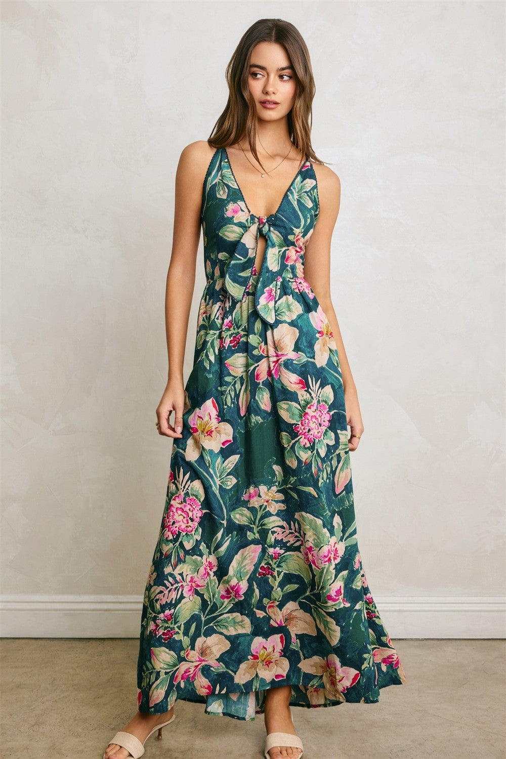 Deep Teal Floral Front Knot Open Back Maxi Dress