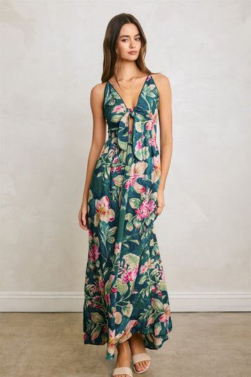 Deep Teal Floral Front Knot Open Back Maxi Dress