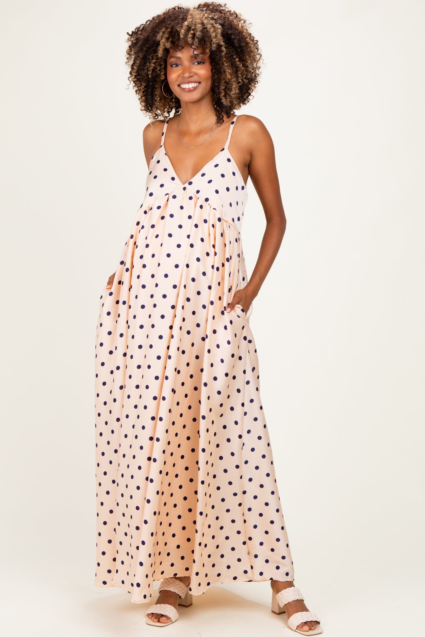 Cream/ Navy Polka Dot Sleeveless Maternity Maxi Dress