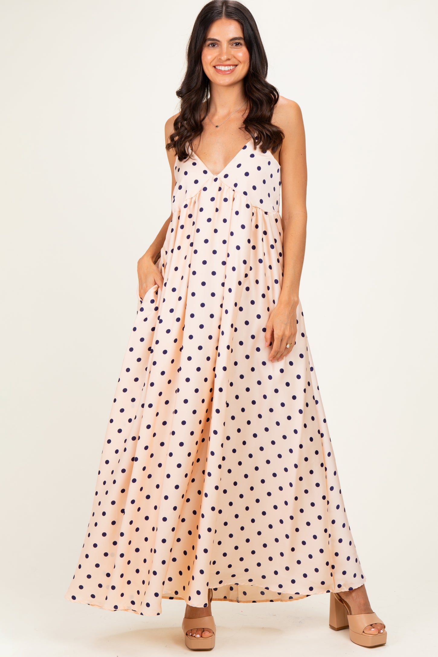 Cream/ Navy Polka Dot Sleeveless Maternity Maxi Dress
