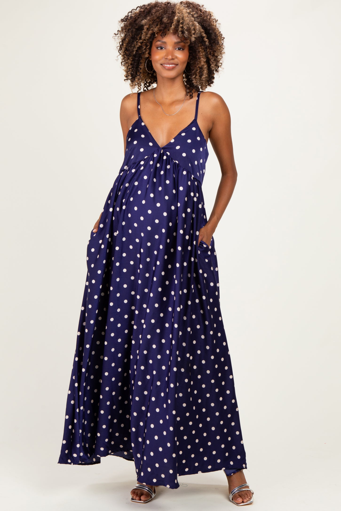 navy and cream maxi dress Selene Lightweight Polka Dot Maxi Dress Navy / Cream / M