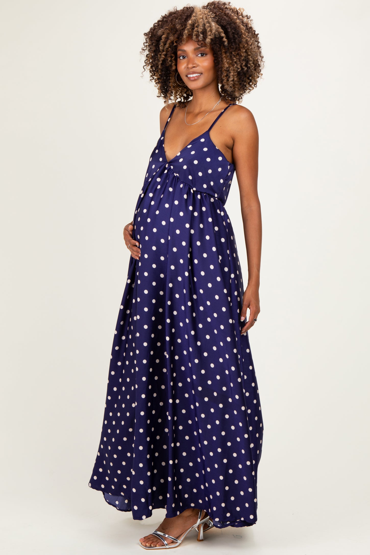 Navy/ Cream Polka Dot Sleeveless Maternity Maxi Dress