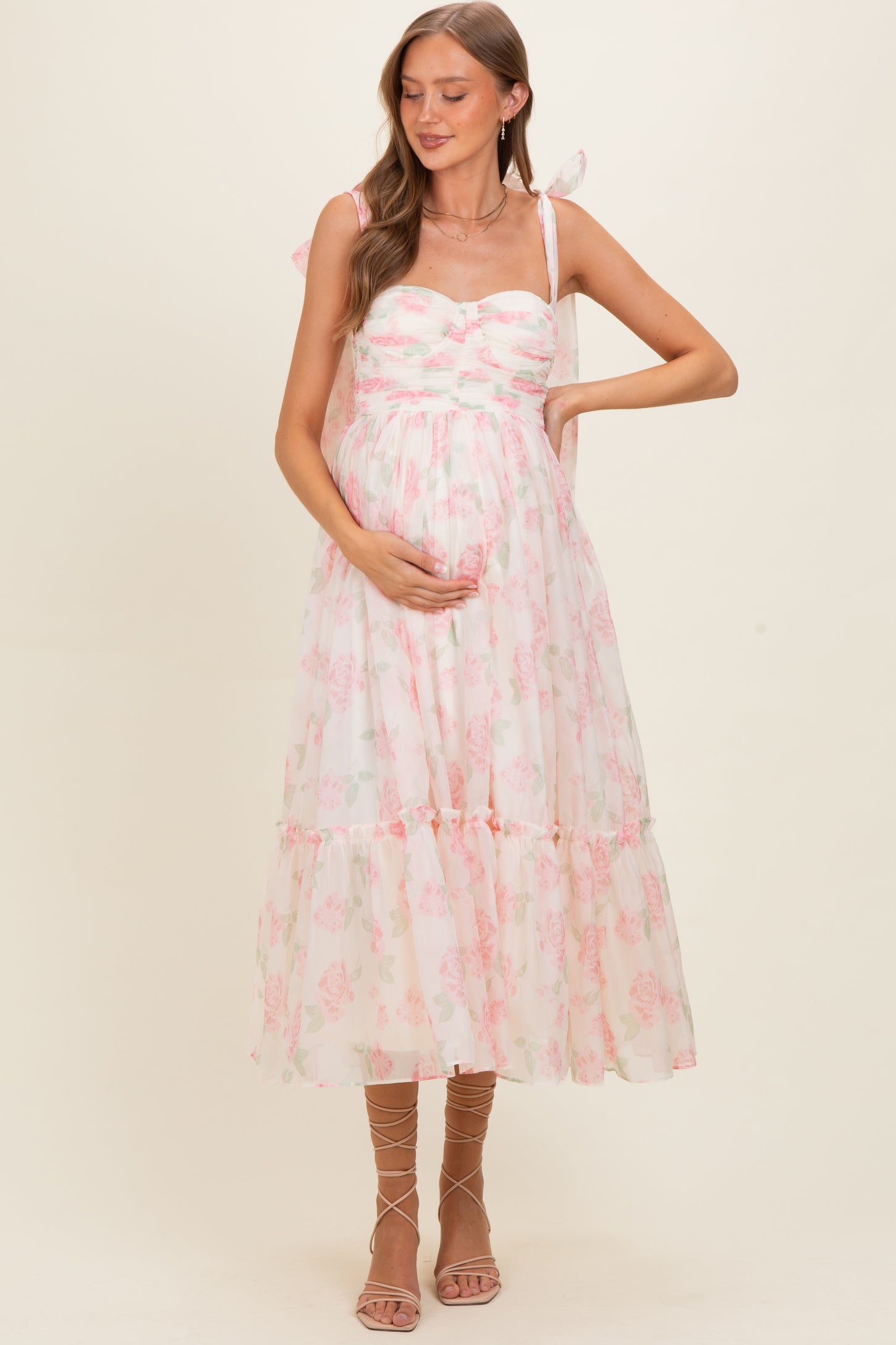 Pink Floral Chiffon Shoulder Tie Maternity Midi Dress