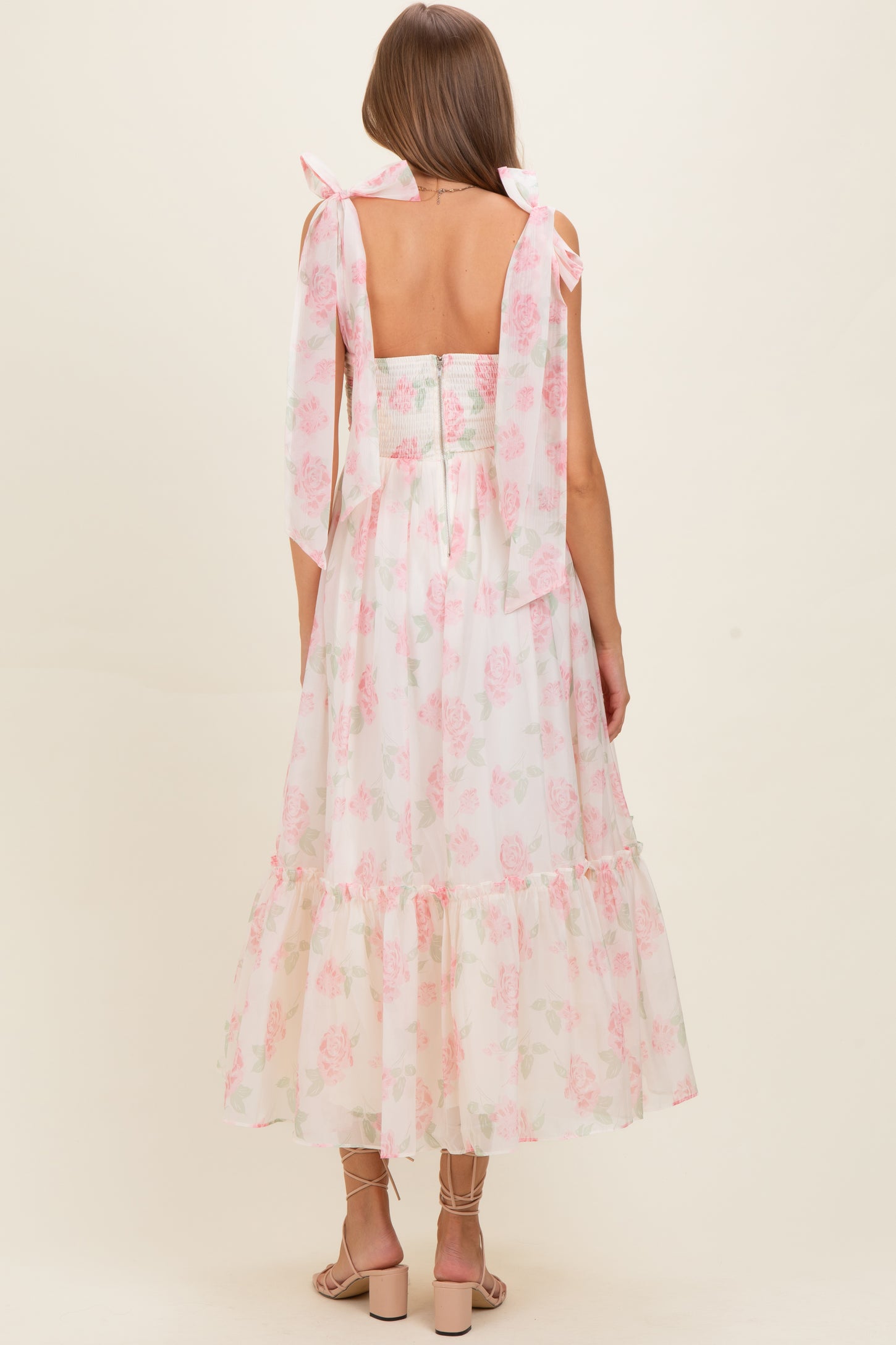 Pink Floral Chiffon Shoulder Tie Maternity Midi Dress