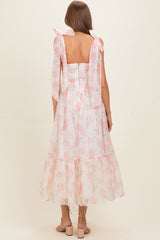 Pink Floral Chiffon Shoulder Tie Maternity Midi Dress