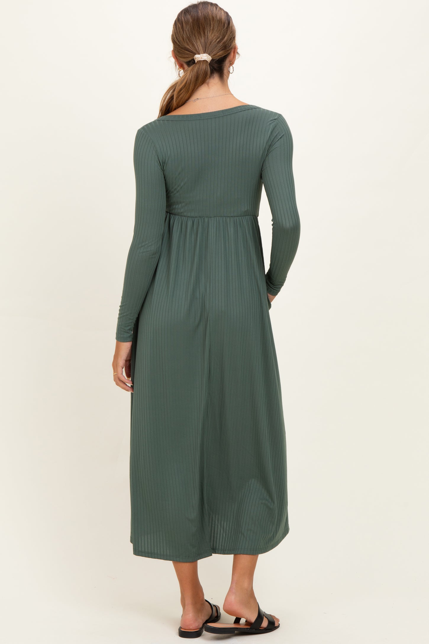 Olive Ribbed Knit Long Sleeve Maternity Maxi Dress