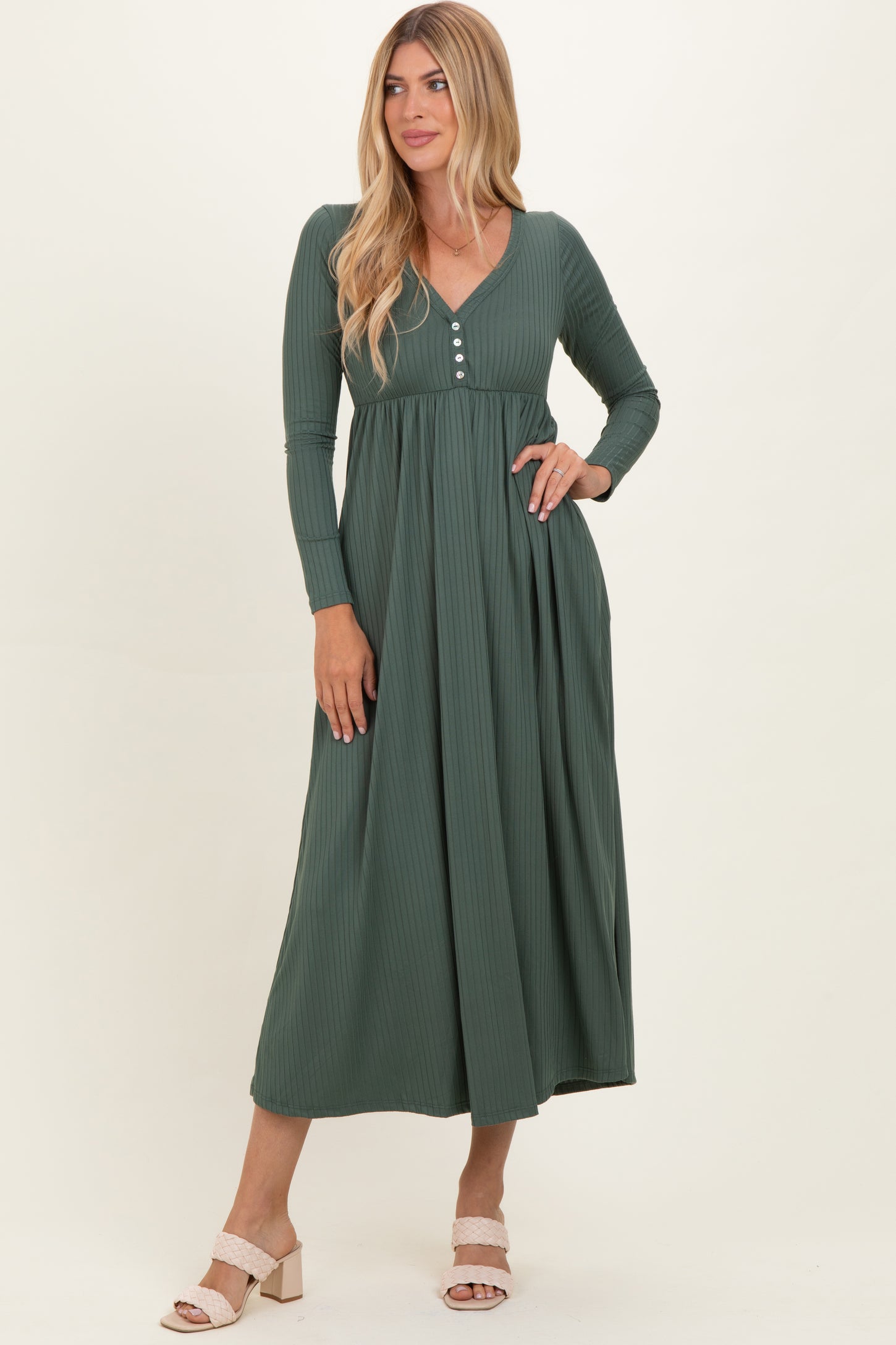 Olive Ribbed Knit Long Sleeve Maternity Maxi Dress