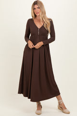 Brown Ribbed Knit Long Sleeve Maternity Maxi Dress