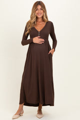 Brown Ribbed Knit Long Sleeve Maternity Maxi Dress