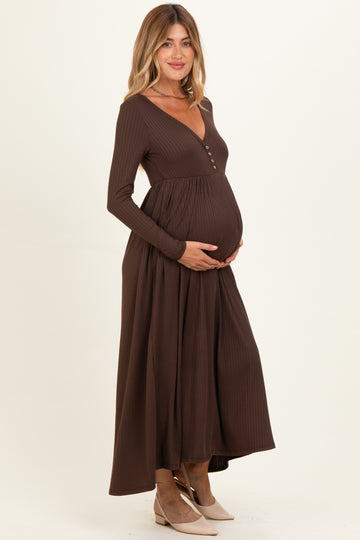 Brown Ribbed Knit Long Sleeve Maternity Maxi Dress