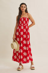 Red Printed Square Neck Smocked Maxi Dress