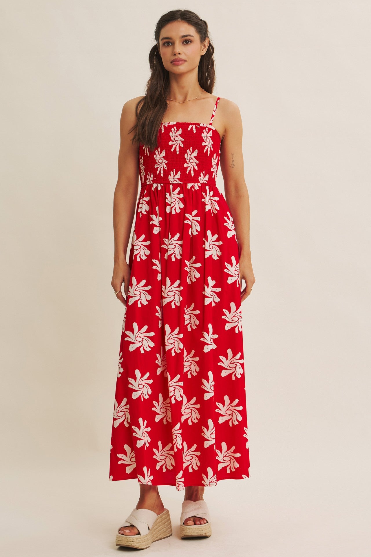 Red Printed Square Neck Smocked Maxi Dress