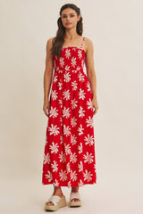 Red Printed Square Neck Smocked Maxi Dress