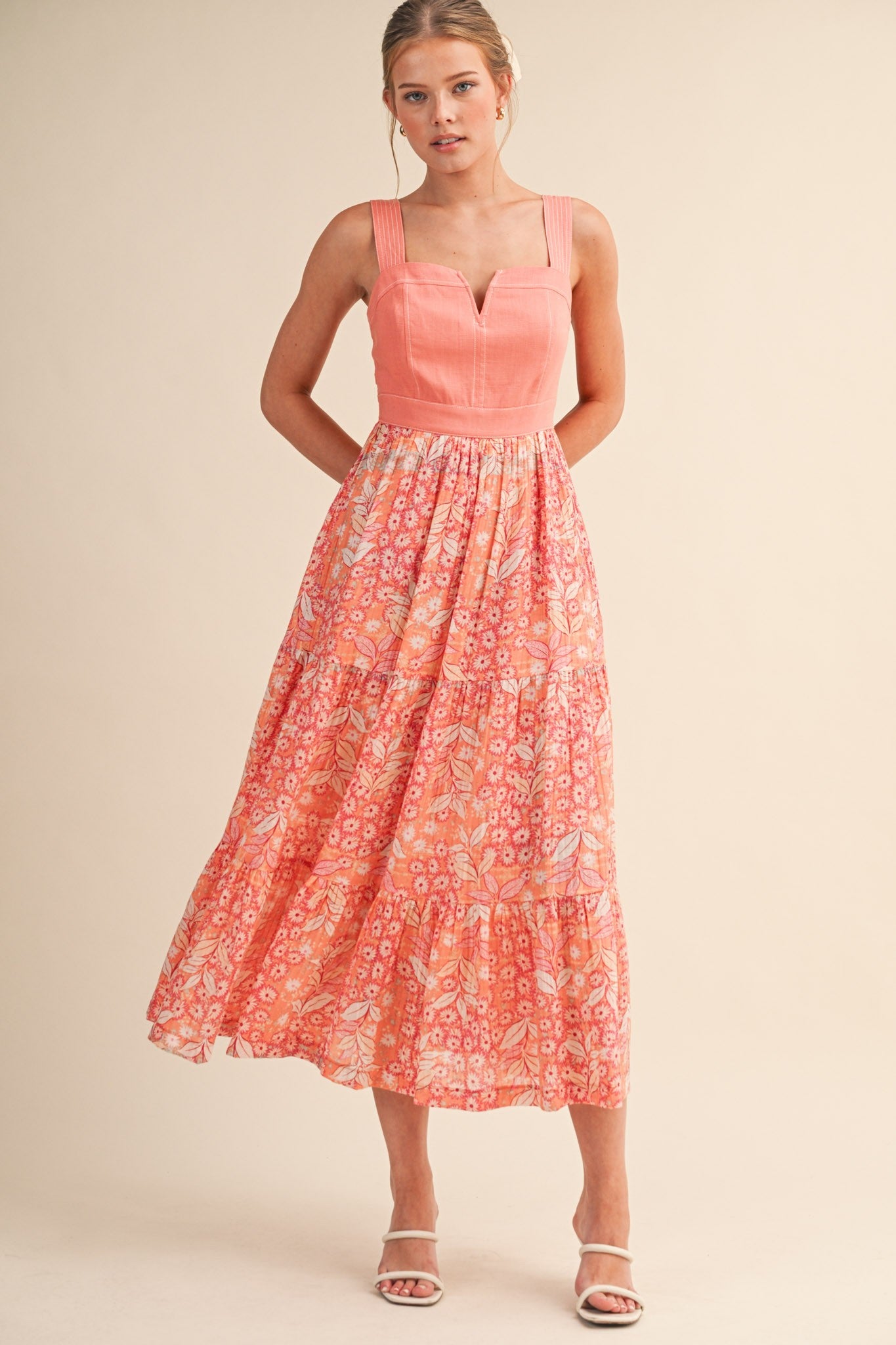 Coral Orange Colorblock Floral Tiered Midi Dress