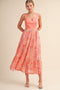 Coral Orange Colorblock Floral Tiered Midi Dress