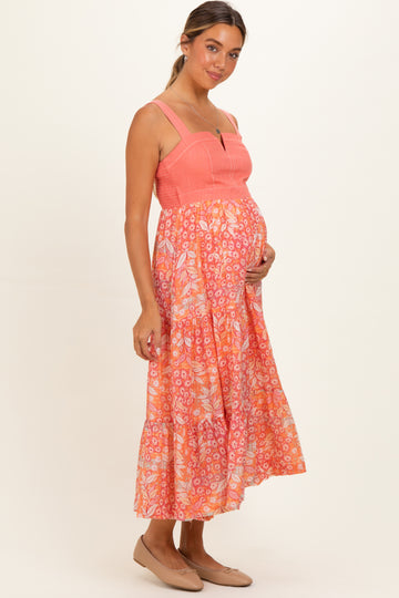 Coral Orange Colorblock Floral Tiered Maternity Midi Dress