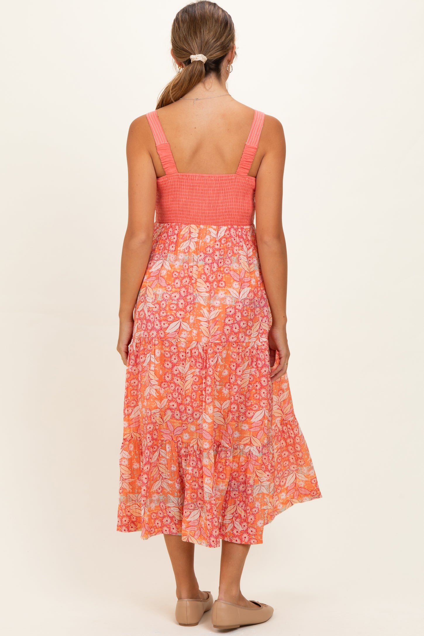 Coral Orange Colorblock Floral Tiered Maternity Midi Dress – PinkBlush Coral Orange Colorblock Floral Tiered Maternity Midi Dress – PinkBlush