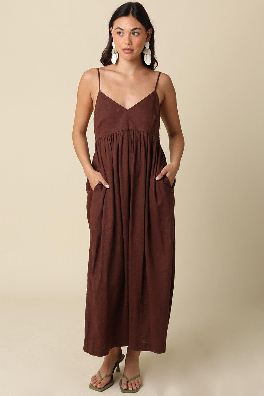 Brown Linen Blend Sleeveless Maternity Maxi Dress