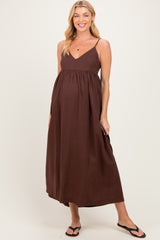 Brown Linen Blend Sleeveless Maternity Maxi Dress