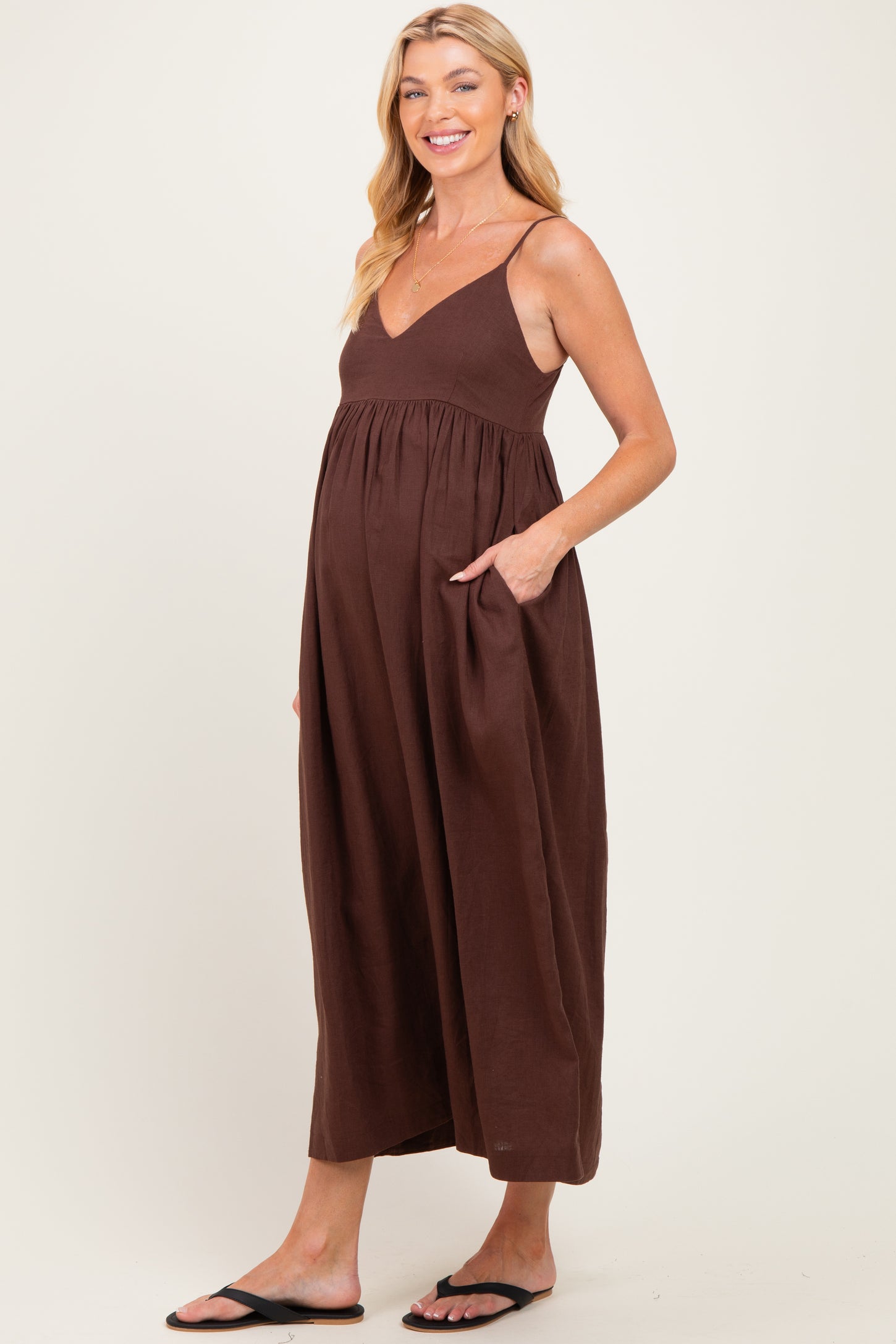 Brown Linen Blend Sleeveless Maternity Maxi Dress