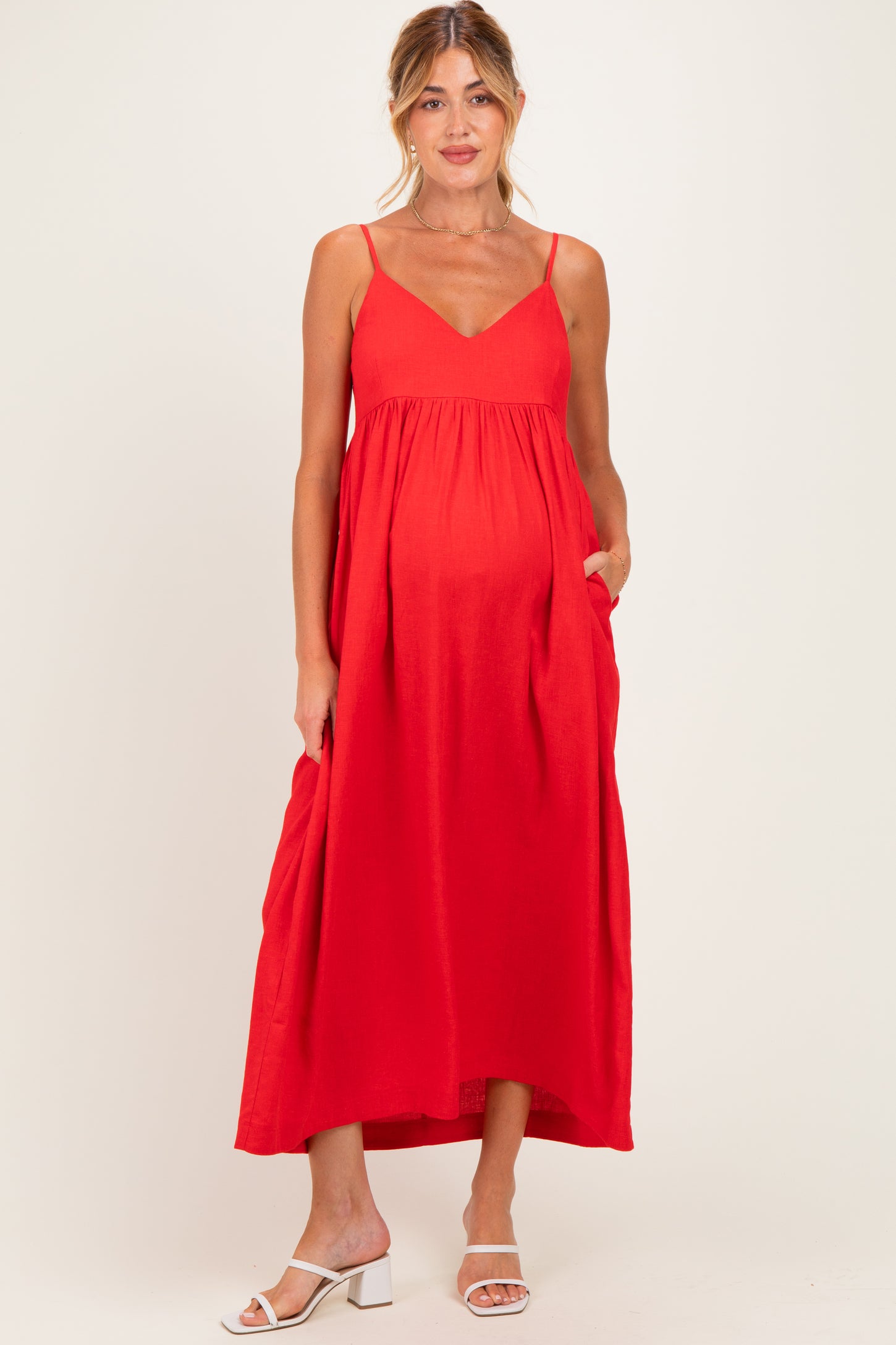 Red Linen Blend Sleeveless Maternity Maxi Dress – PinkBlush
