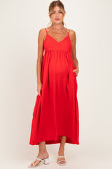 Red Linen Blend Sleeveless Maternity Maxi Dress