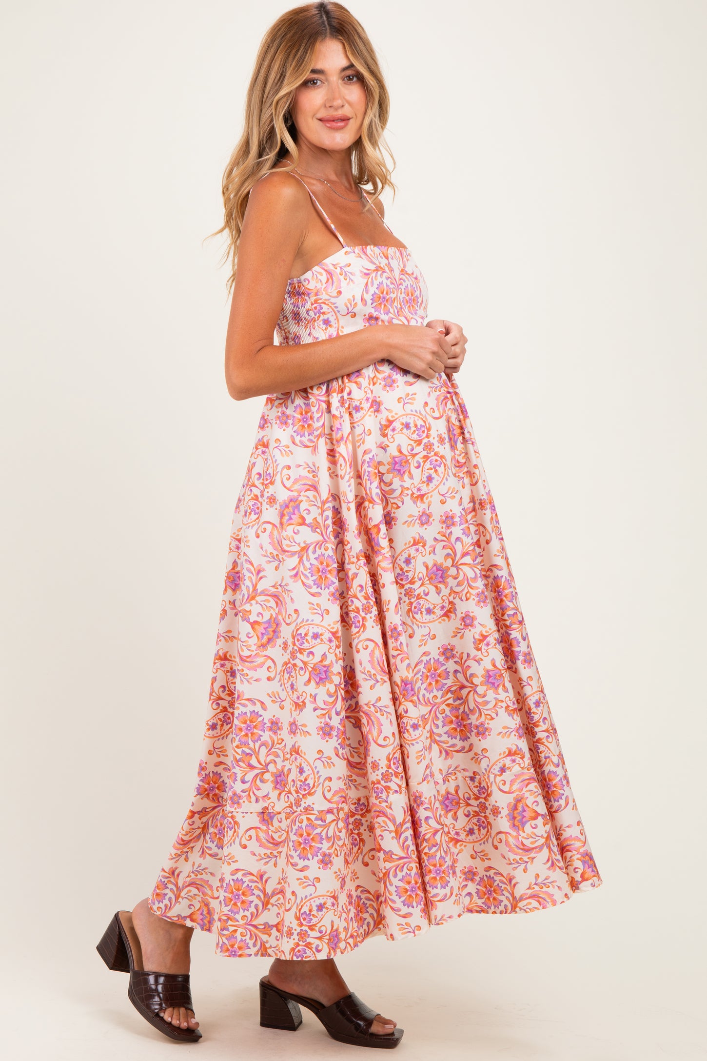 Cream Apricot Floral Sleeveless Maternity Maxi Dress